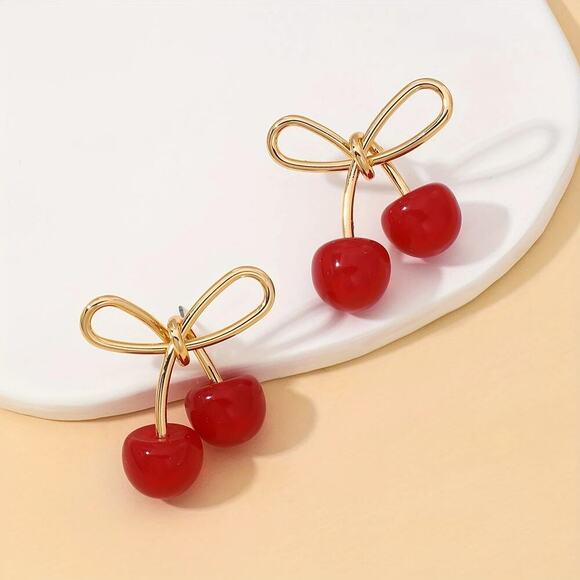 NEW Coquette Gold Bow Stud Earrings with Cherry, y2k jewelry, Cherry jewelry - Picture 2 of 4